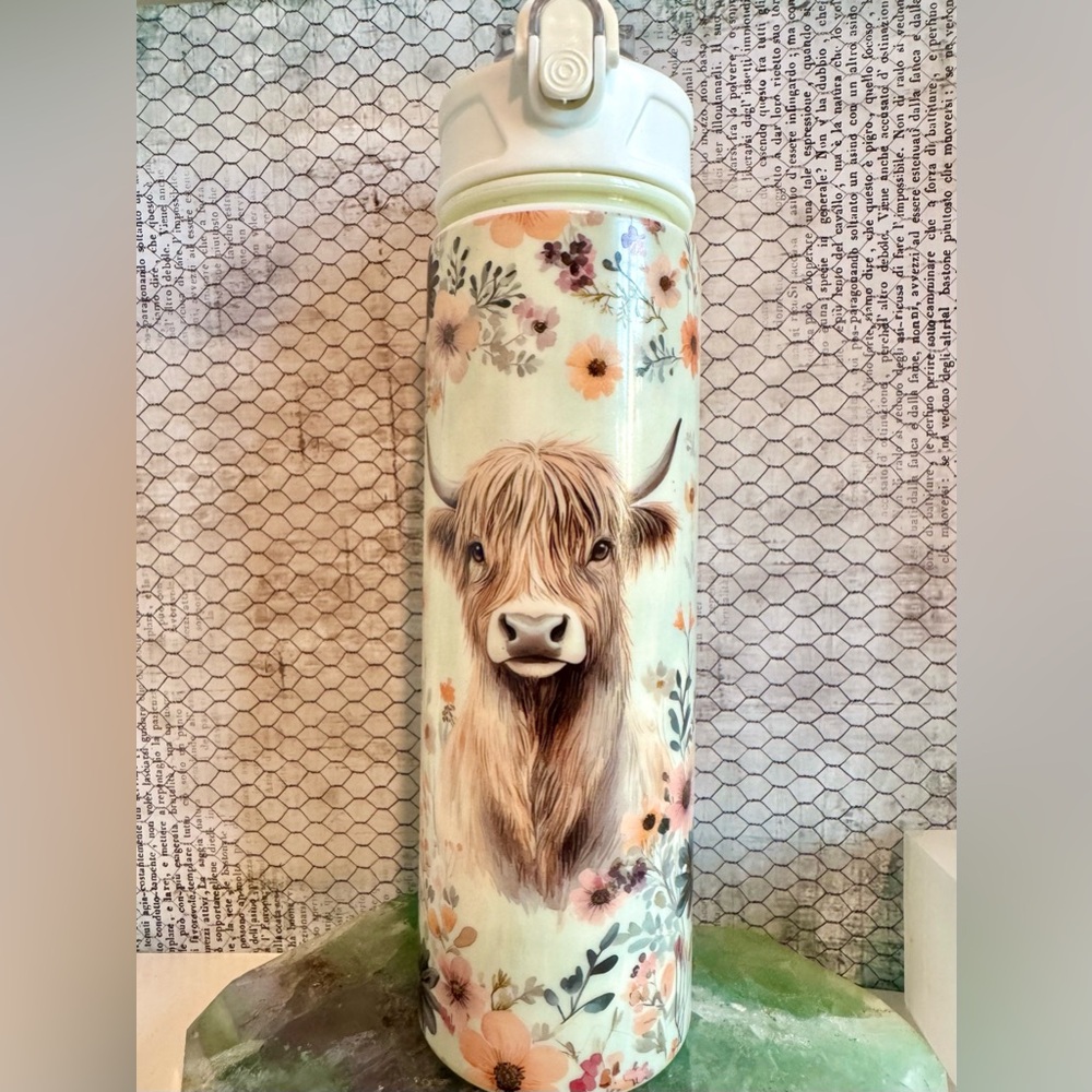 New Highland Cow & Flowers Acrylic Travel Cup Tumbler Water Bottle 20oz